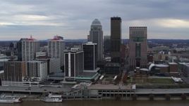 5.7K aerial stock footage approach riverfront hotel and the city skyline from the river in Downtown Louisville, Kentucky Aerial Stock Footage | DX0001_003043