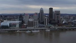 5.7K aerial stock footage slowly flyby riverfront buildings and skyline, seen from Ohio River in Downtown Louisville, Kentucky Aerial Stock Footage | DX0001_003054