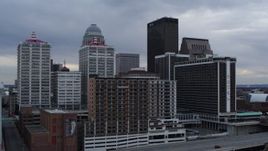 5.7K aerial stock footage approach riverfront hotel and skyscrapers, Downtown Louisville, Kentucky Aerial Stock Footage | DX0001_003056