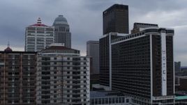5.7K aerial stock footage flyby hotel and skyscrapers in Downtown Louisville, Kentucky Aerial Stock Footage | DX0001_003057