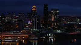 5.7K aerial stock footage slowly fly away from the city skyline at twilight, reveal the river, Downtown Louisville, Kentucky Aerial Stock Footage | DX0001_003118