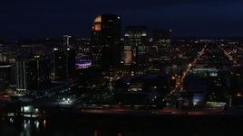 5.7K aerial stock footage flying by the city's skyline at twilight, Downtown Louisville, Kentucky Aerial Stock Footage | DX0001_003122
