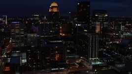 5.7K aerial stock footage passing by the city's skyline at twilight, Downtown Louisville, Kentucky Aerial Stock Footage | DX0001_003123