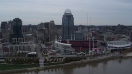 5.7K aerial stock footage a view of the baseball stadium and skyscraper from the river, Downtown Cincinnati, Ohio Aerial Stock Footage | DX0001_003125