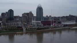 5.7K aerial stock footage a view of the baseball stadium and skyscraper during descend toward river, Downtown Cincinnati, Ohio Aerial Stock Footage | DX0001_003126