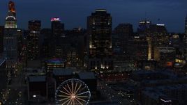 5.7K aerial stock footage of Scripps Center skyscraper at twilight, Downtown Cincinnati, Ohio Aerial Stock Footage | DX0001_003182