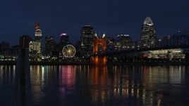 5.7K aerial stock footage stationary view of the city skyline across the Ohio River at twilight, Downtown Cincinnati, Ohio Aerial Stock Footage | DX0001_003189