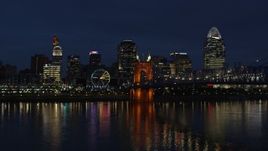 5.7K aerial stock footage stationary view of the city's skyline across the Ohio River at twilight, Downtown Cincinnati, Ohio Aerial Stock Footage | DX0001_003190