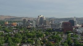 5.7K aerial stock footage of casino resorts and office buildings seen from neighborhoods in Reno, Nevada Aerial Stock Footage | DX0001_006_015
