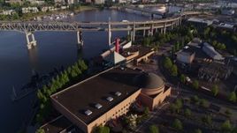 5.7K aerial stock footage of the Marquam Bridge, and OMSI in the foreground, Southeast Portland, Oregon Aerial Stock Footage | DX0001_010_044