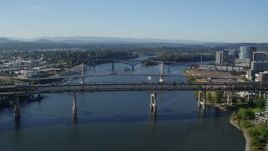 5.7K aerial stock footage of the Marquam Bridge (I-5) spanning the Willamette River, South Portland, Oregon Aerial Stock Footage | DX0001_011_004