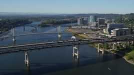 5.7K aerial stock footage of the Marquam Bridge (I-5) spanning the Willamette River, South Portland, Oregon Aerial Stock Footage | DX0001_011_005