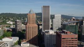 5.7K aerial stock footage flying away from KOIN Center, Wells Fargo Center and surrounding buildings, Downtown Portland, Oregon Aerial Stock Footage | DX0001_011_010