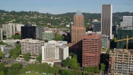 5.7K aerial stock footage of skyscrapers, office buildings, and the Marriott Hotel in Downtown Portland, Oregon Aerial Stock Footage | DX0001_011_012