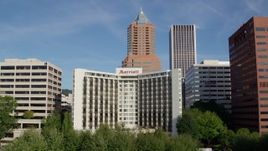 5.7K aerial stock footage approaching Portland Marriott Downtown Waterfront hotel with KOIN Center behind it, Downtown Portland, Oregon Aerial Stock Footage | DX0001_011_019