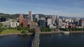 5.7K aerial stock footage of downtown and the Hawthorne Bridge spanning Willamette River, Downtown Portland, Oregon Aerial Stock Footage | DX0001_011_031