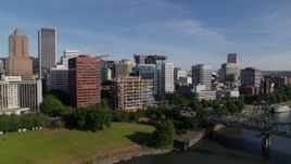 6K aerial stock footage approaching downtown and waterfront park from Willamette River, Downtown Portland, Oregon Aerial Stock Footage | DX0001_011_032