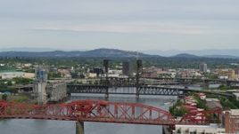 5.7K aerial stock footage panning from Broadway Bridge to Downtown Portland, sunset, Oregon Aerial Stock Footage | DX0001_013_013