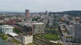 5.7K aerial stock footage of downtown seen from Pearl District condominiums and a park, Downtown Portland, Oregon Aerial Stock Footage | DX0001_013_026
