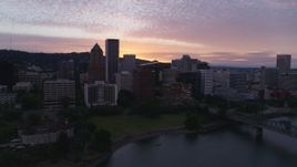 5.7K aerial stock footage flying toward Downtown Portland, Oregon at twilight Aerial Stock Footage | DX0001_014_028