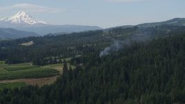 5.7K aerial stock footage of smoke rising from trees near homes, reveal Mt Hood, Hood River, Oregon Aerial Stock Footage | DX0001_015_024