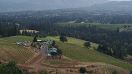 5.7K aerial stock footage of a reverse view of the Phelps Creek Vineyards with mountains in the distance, Hood River, Oregon Aerial Stock Footage | DX0001_016_011