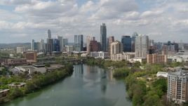 5.7K aerial stock footage fly toward the city skyline from Lady Bird Lake, Downtown Austin, Texas Aerial Stock Footage | DX0002_102_021