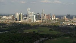 5.7K aerial stock footage of a wide view of city skyline and Lady Bird Lake, Downtown Austin, Texas Aerial Stock Footage | DX0002_104_018
