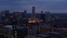 5.7K aerial stock footage ascend near office buildings, capitol and skyscrapers at twilight in Downtown Austin, Texas Aerial Stock Footage | DX0002_105_050