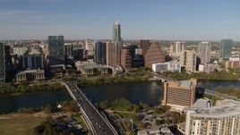 5.7K aerial stock footage stationary view of the city's waterfront skyline and First Street Bridge, Downtown Austin, Texas Aerial Stock Footage | DX0002_109_021