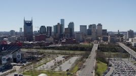 5.7K aerial stock footage approaching the city's skyline near the river in Downtown Nashville, Tennessee Aerial Stock Footage | DX0002_112_003