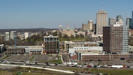 5.7K aerial stock footage flying by a group of office buildings, Nashville, Tennessee Aerial Stock Footage | DX0002_113_026