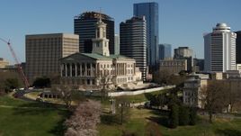 5.7K aerial stock footage of descending near the Tennessee State Capitol building in Downtown Nashville, Tennessee Aerial Stock Footage | DX0002_113_034