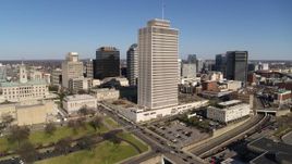 5.7K aerial stock footage descend and orbit Tennessee Tower near the state capitol in Downtown Nashville, Tennessee Aerial Stock Footage | DX0002_114_004