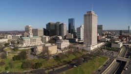 5.7K aerial stock footage wide orbit of the Tennessee State Capitol, skyscrapers, Tennessee Tower in Downtown Nashville, Tennessee Aerial Stock Footage | DX0002_114_005