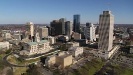 5.7K aerial stock footage approach Tennessee State Capitol, skyscrapers, Tennessee Tower in Downtown Nashville, Tennessee Aerial Stock Footage | DX0002_114_008