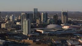 5.7K aerial stock footage the city's tall skyline by the convention center in Downtown Nashville, Tennessee Aerial Stock Footage | DX0002_114_039