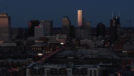 5.7K aerial stock footage skyscrapers reflecting light in the city skyline at twilight in Downtown Nashville, Tennessee Aerial Stock Footage | DX0002_115_030