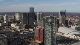 5.7K aerial stock footage flyby the JW Marriott hotel to approach Renaissance Hotel, Downtown Nashville, Tennessee Aerial Stock Footage | DX0002_119_002
