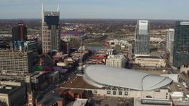 5.7K aerial stock footage of AT&T Building, Broadway and Bridgestone Arena, Downtown Nashville, Tennessee Aerial Stock Footage | DX0002_119_011