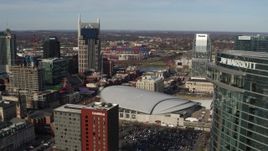5.7K aerial stock footage of AT&T Building, Bridgestone Arena, Pinnacle skyscraper, reveal JW Marriott hotel, Downtown Nashville, Tennessee Aerial Stock Footage | DX0002_119_013