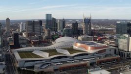 5.7K aerial stock footage of Nashville Music City Center and the city's skyline, Downtown Nashville, Tennessee Aerial Stock Footage | DX0002_119_019