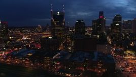 5.7K aerial stock footage of orbiting the AT&T Building at twilight, Downtown Nashville, Tennessee Aerial Stock Footage | DX0002_121_005