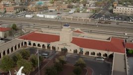 5.7K aerial stock footage of the Albuquerque train station, Downtown Albuquerque, New Mexico Aerial Stock Footage | DX0002_127_016