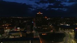 5.7K aerial stock footage orbit office high-rise and hotel at twilight, Downtown Albuquerque, New Mexico Aerial Stock Footage | DX0002_128_047