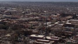 5.7K aerial stock footage flying by Radio Plaza in the city's downtown area, Santa Fe, New Mexico Aerial Stock Footage | DX0002_129_030