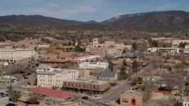 5.7K aerial stock footage focus on Bataan Memorial Building near capitol building, flyby shops, Santa Fe, New Mexico Aerial Stock Footage | DX0002_130_001