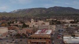 5.7K aerial stock footage circling Bataan Memorial Building near the state capitol in Santa Fe, New Mexico Aerial Stock Footage | DX0002_130_014