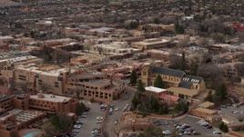 5.7K aerial stock footage approach a hotel and a cathedral in Santa Fe, New Mexico Aerial Stock Footage | DX0002_130_031