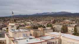5.7K aerial stock footage flyby downtown to reveal tower on Bataan Memorial Building, Santa Fe, New Mexico Aerial Stock Footage | DX0002_131_012